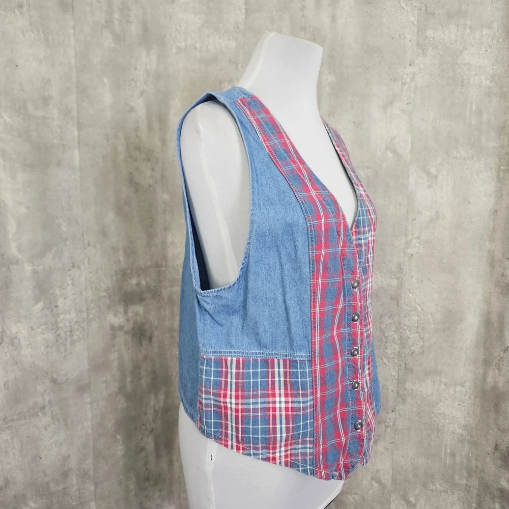Vintage Stampede Denim Plaid Vest USA 90s Western Patchwork Button L - Picture 3 of 7